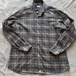 Silvery Sonrisa Luxury Italy Cotton Gray Brown Plaid Stripe‎ Shirt Men's XL